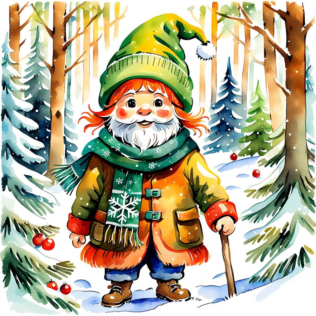 Festive Christmas Dwarf in Watercolor Winter Wonderland