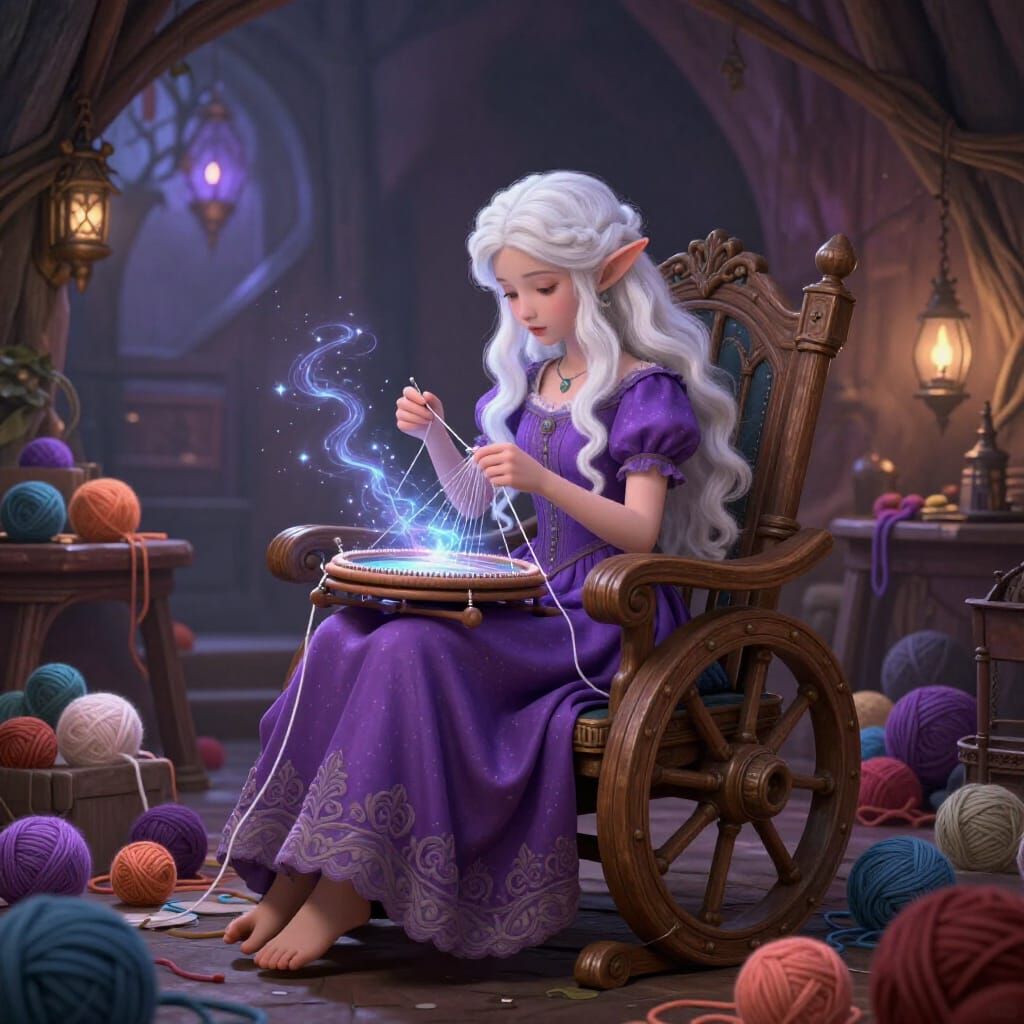 Magical Half-Elf Knitter in Fairytale Workshop