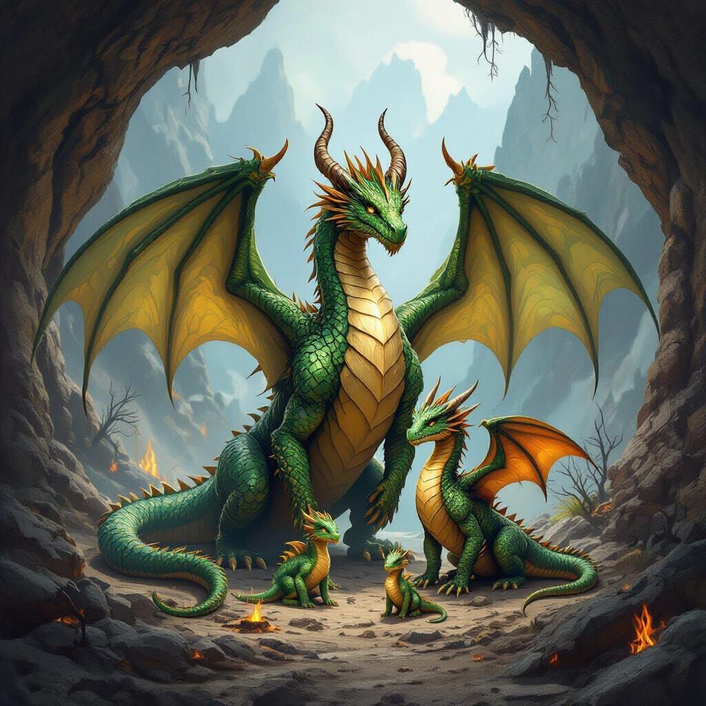 Dragon Family in Ethereal Mountain Cave Entrance