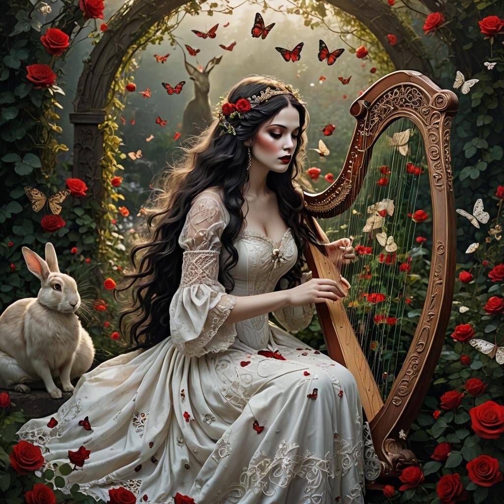 Enchanting Fairy Harpist in Gothic Rose Garden