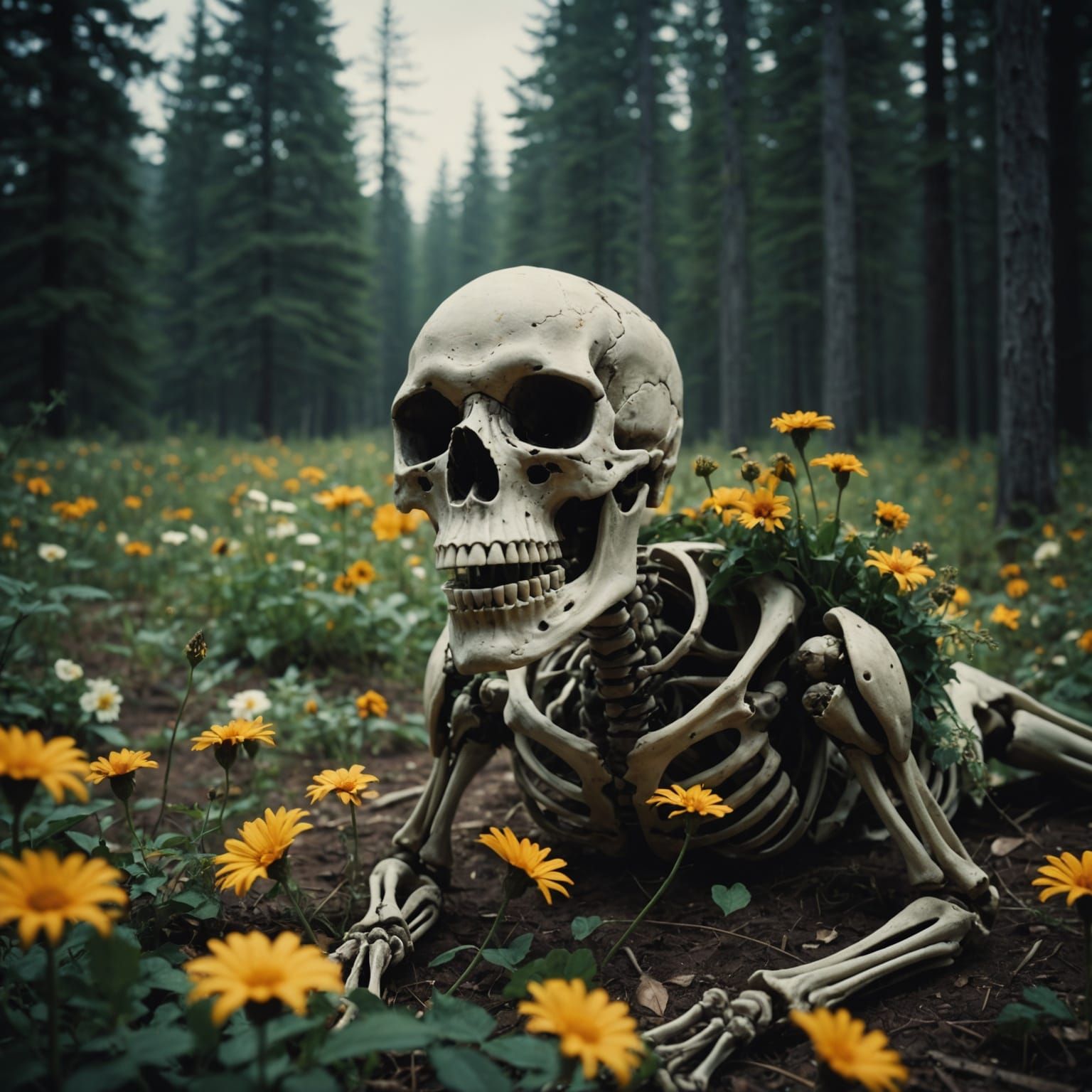Bones and Flowers in Cinematic Film Still