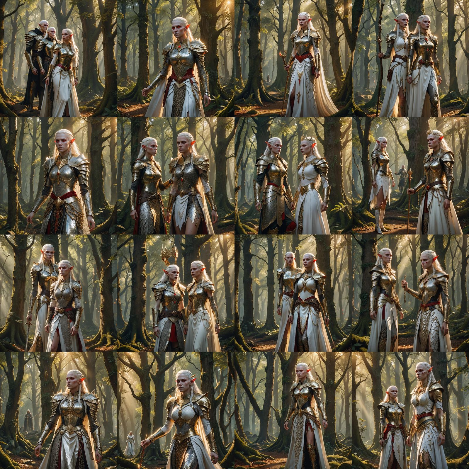 Albino Elf Queen and Priest in Forest Setting