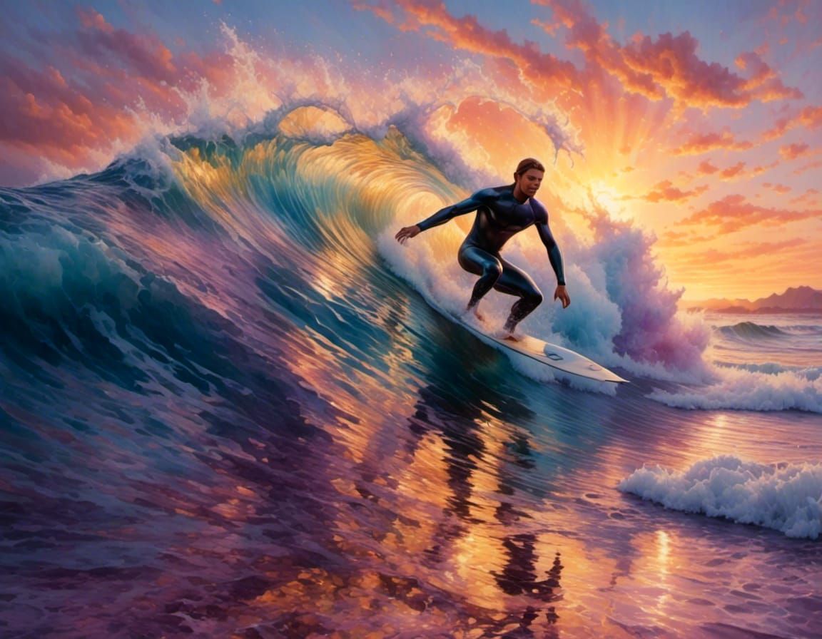 Surfer Rides Wave at Sunrise with Colorful Sky