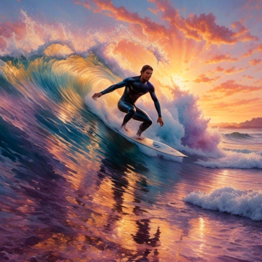Surfer Rides Wave at Sunrise with Colorful Sky
