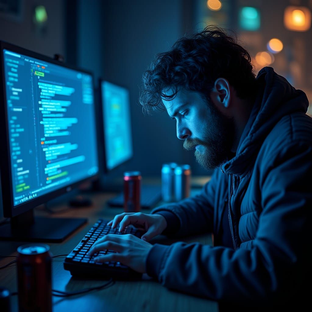 Late Night Programmer in Futuristic Digital Landscape