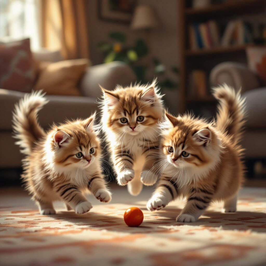 Three Fluffy Cats Playfully Chase Toy Ball in Cozy Living Ro...