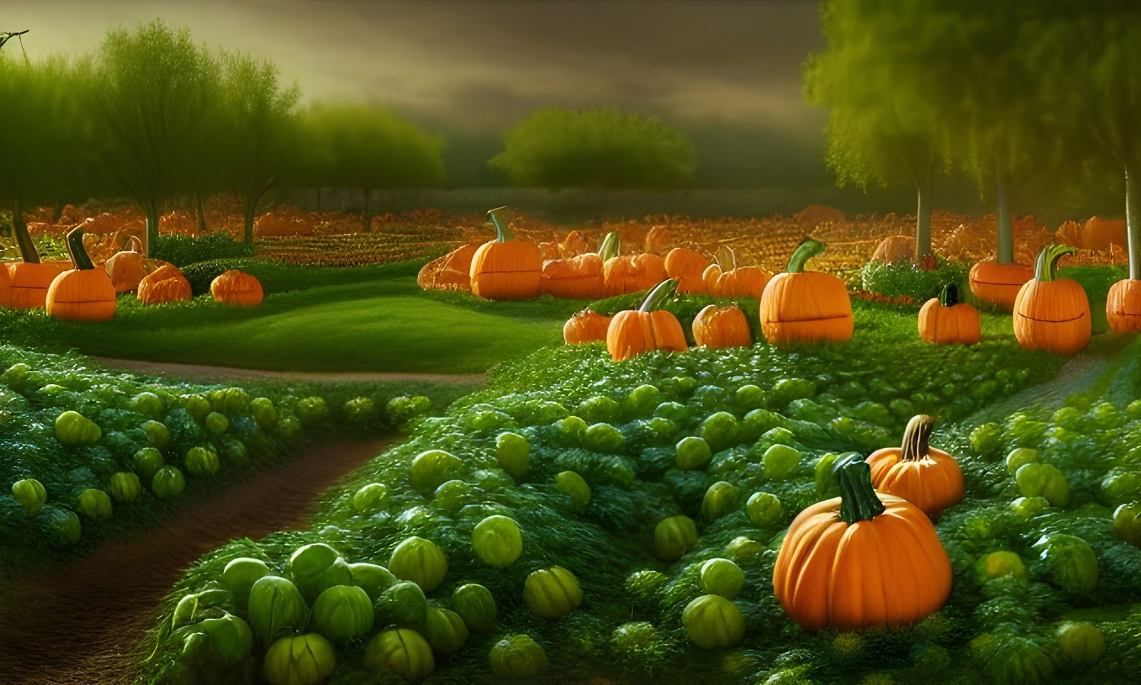 Detailed Pumpkin Garden Landscape Painting