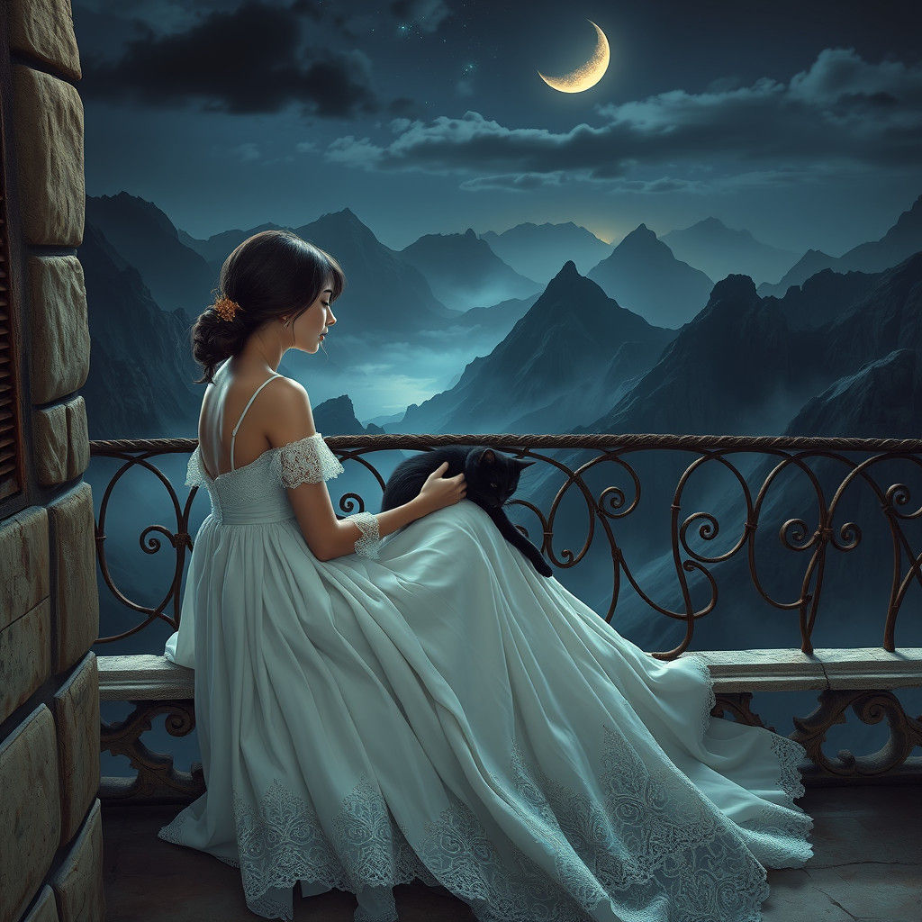 Woman and Cat on Balcony at Night