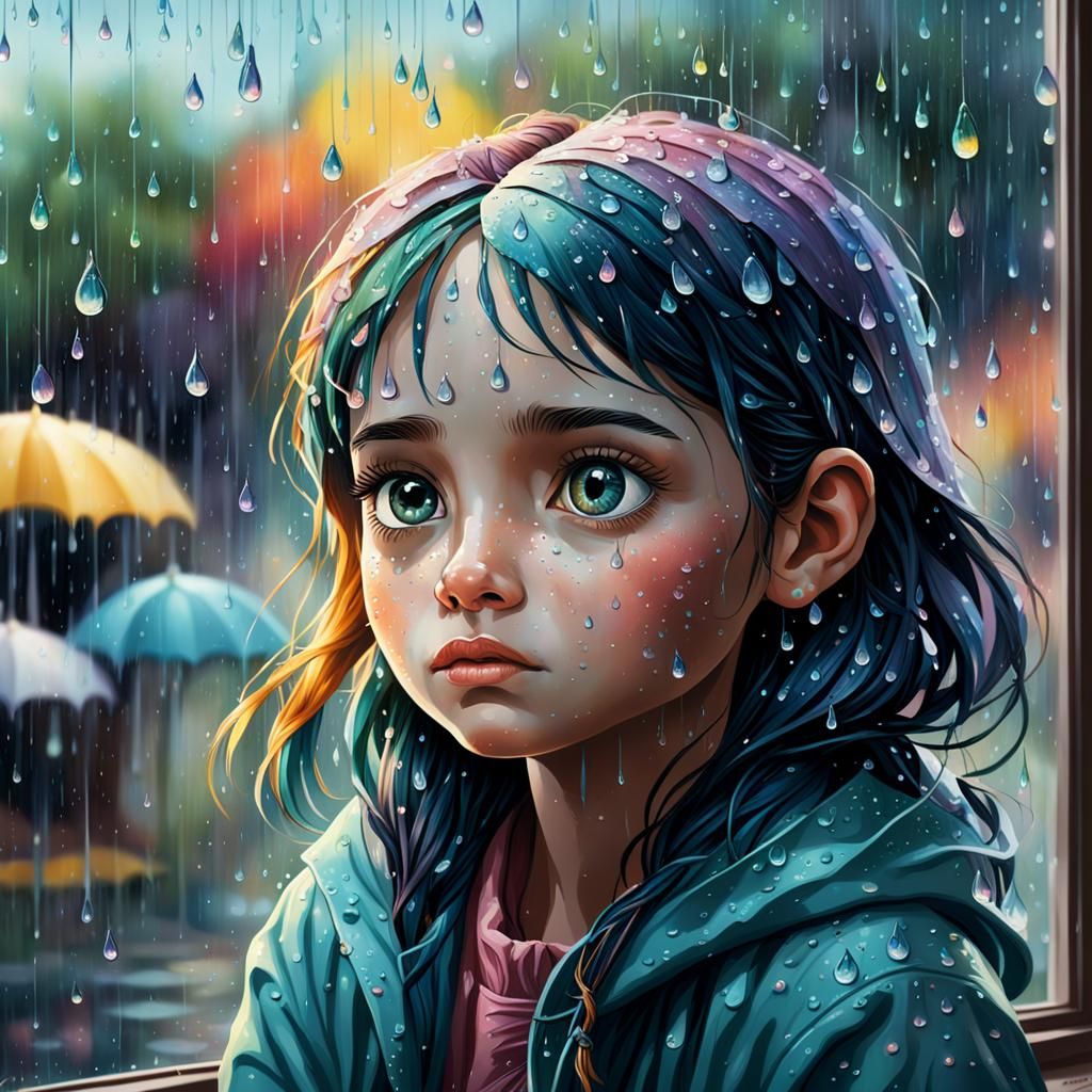 a little whimsical painterly girl looking out window it's ra...