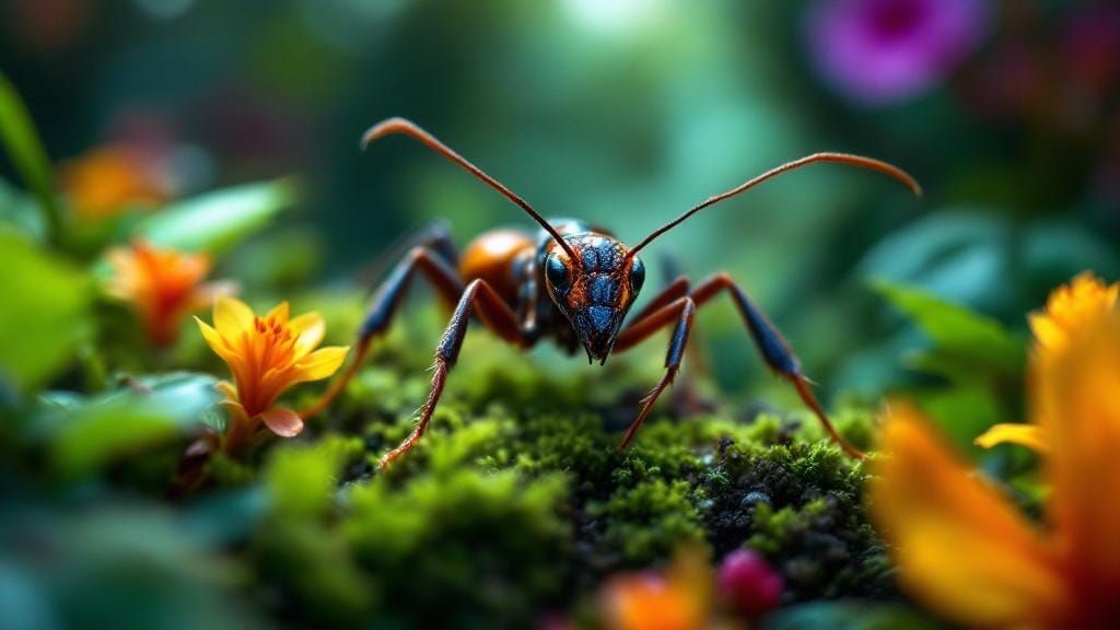 Macro Photo of Ant in Vibrant Rainforest