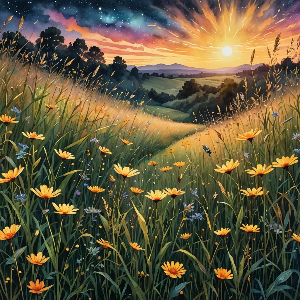 Fireflies Dance in Meadow at Dusk: Watercolor Painting