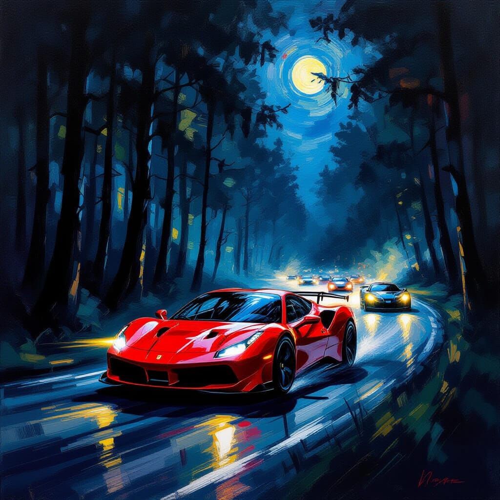 Night Race Through Forest In Impressionist Style