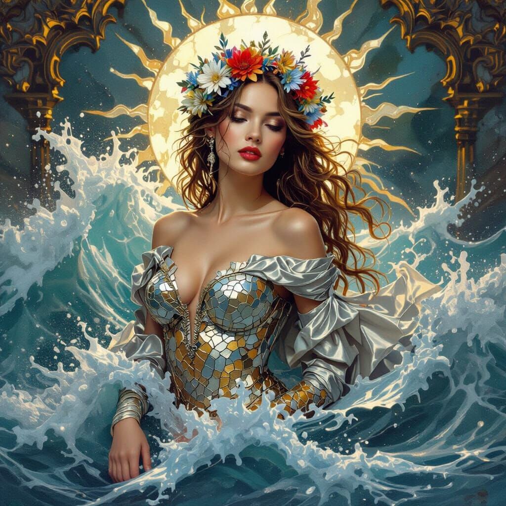 Renaissance Woman Emerges from Ocean in Surreal Style