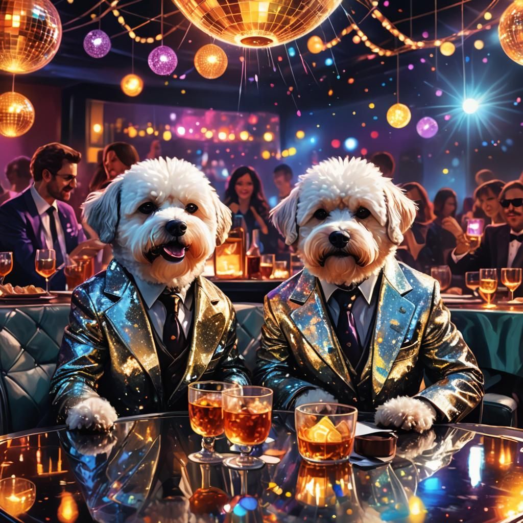Bishon Frise Dogs at VIP Disco Party in Surreal Digital Art
