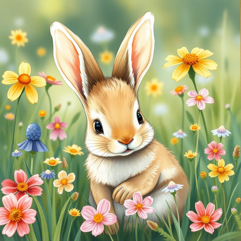 Whimsical Baby Rabbit in a Colorful Meadow