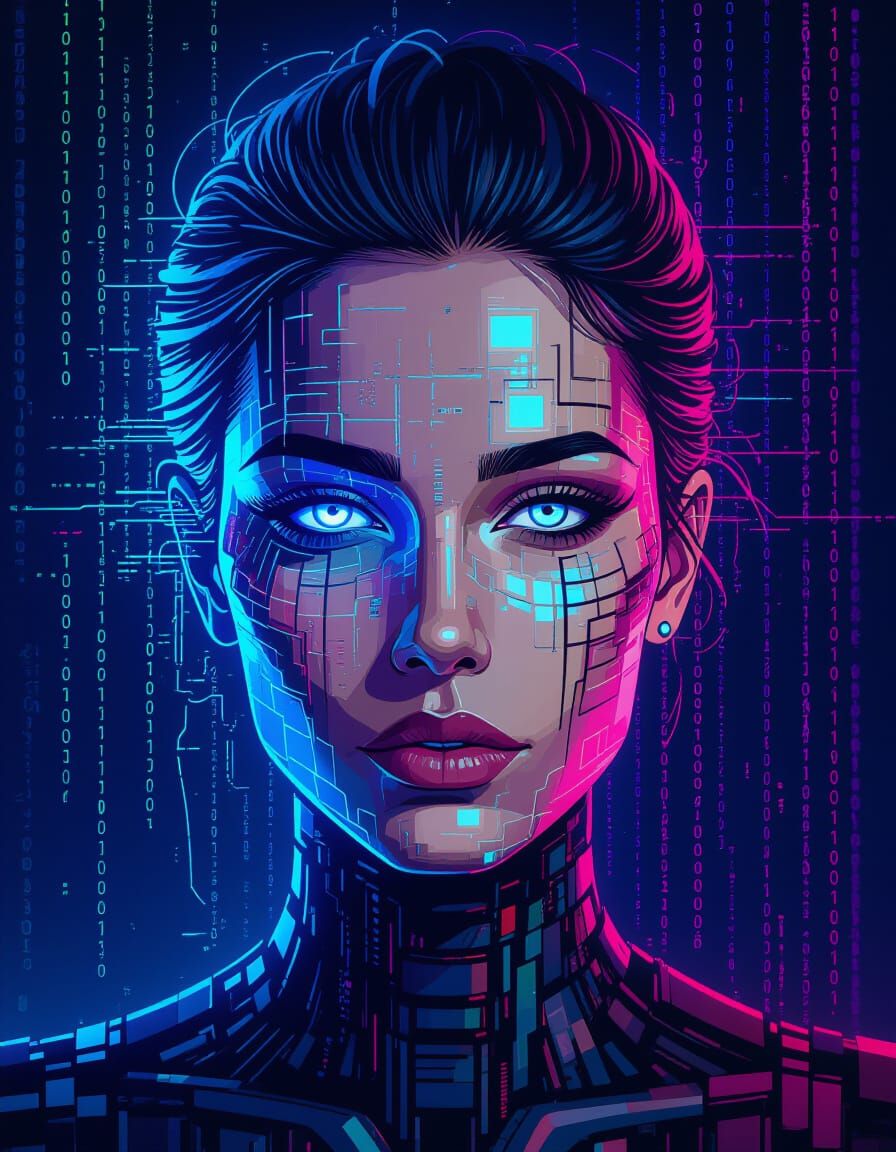 Digital Entity of Code with Glowing Processor Eyes