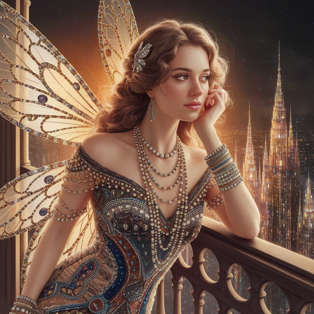 Bohemian Fairy Overlooking Jewel-Like City in Art Nouveau St...