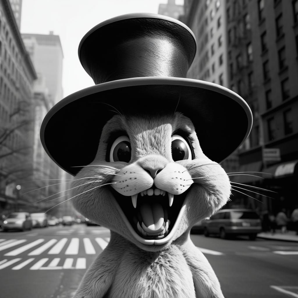 Anthropomorphic Rabbit in NYC, Weegee Style Photography