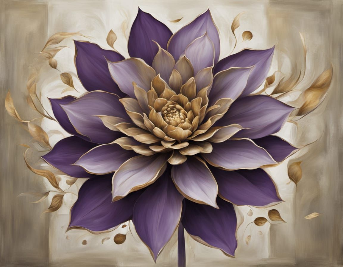 Surreal Golden Ratio Floral Painting in Dull Gold and Purple