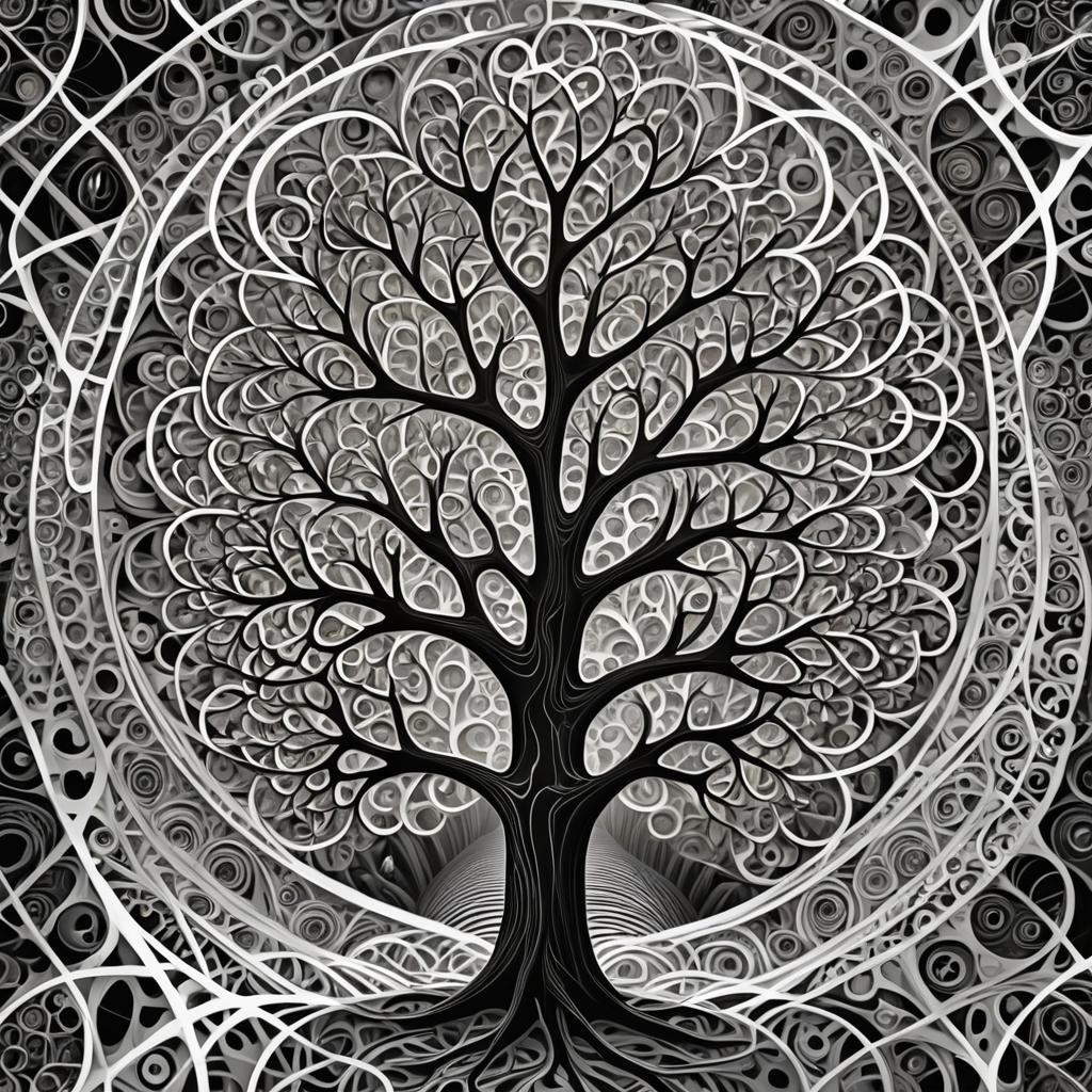 Abstract Tree with Geometric Patterns in 3D Rendering