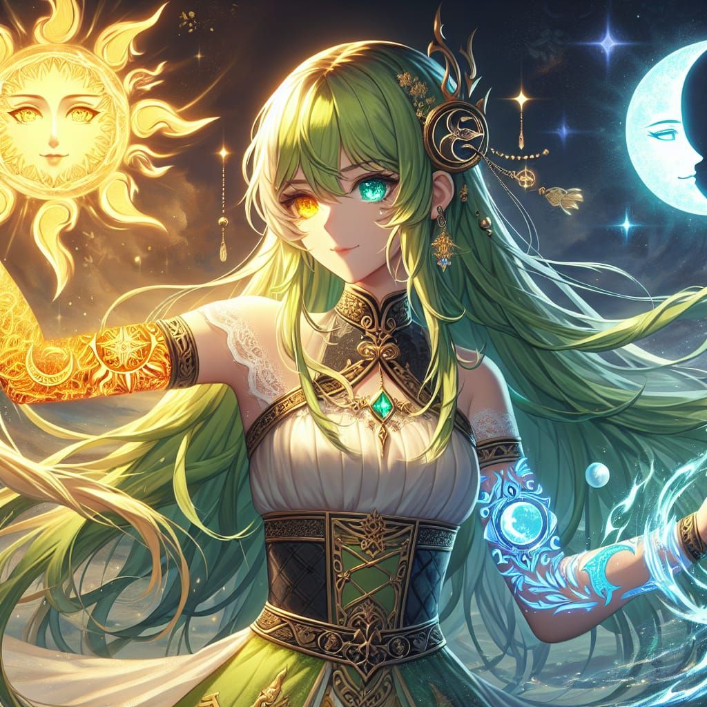 Anime Elementalist with Sun and Moon Tattoos