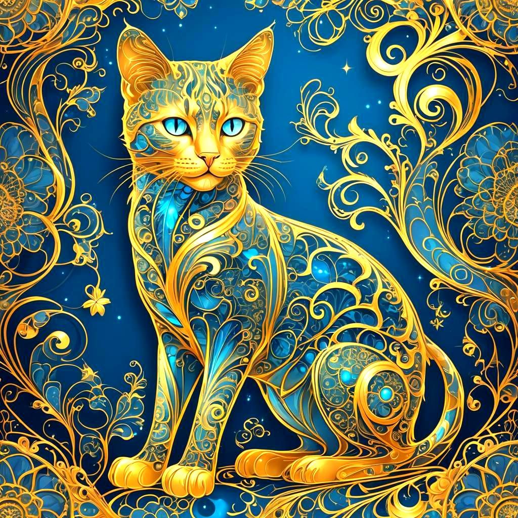 Bioluminescent Gold Cat in Art Nouveau Style