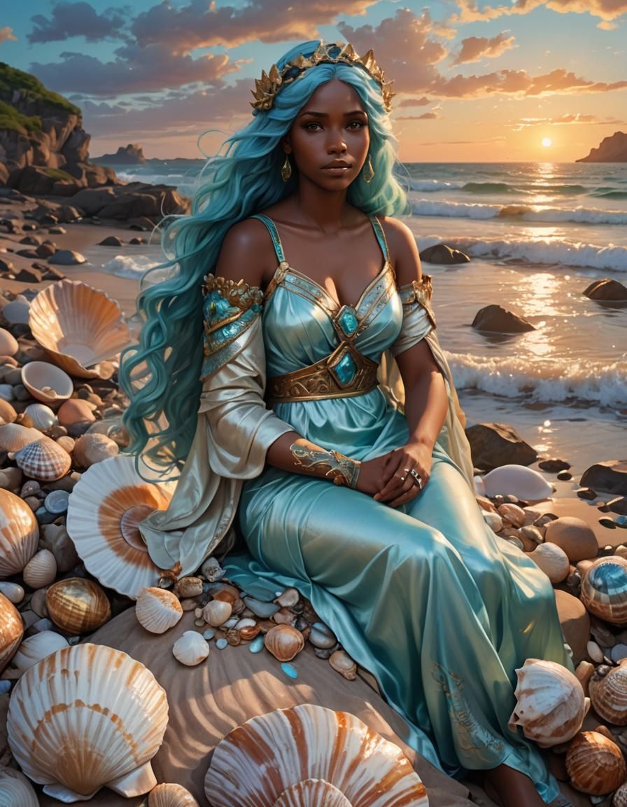 River Goddess on Seashell, Hyperdetailed Portrait