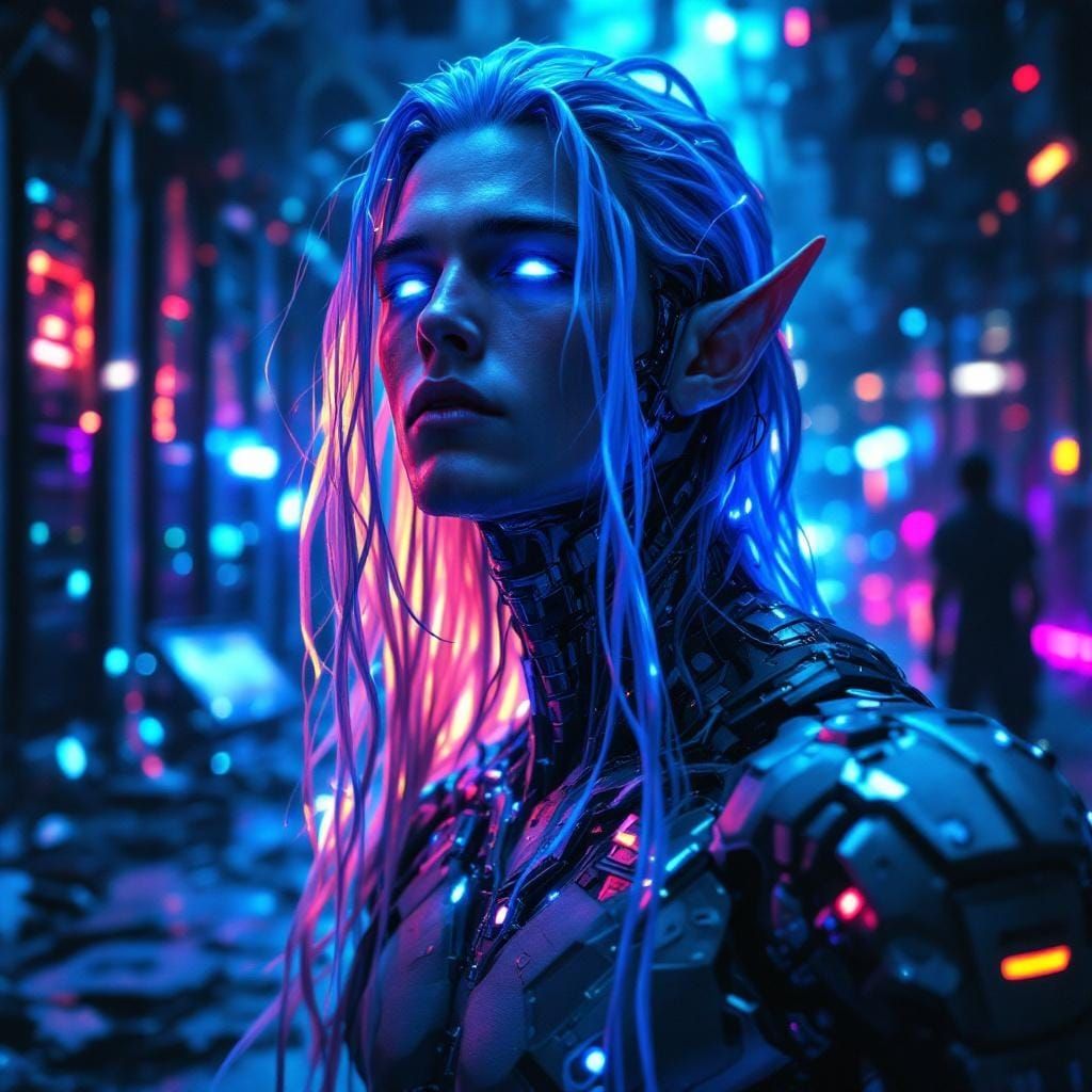 Cyborg Elf in Ruined Server Farm, Glitchcore Art