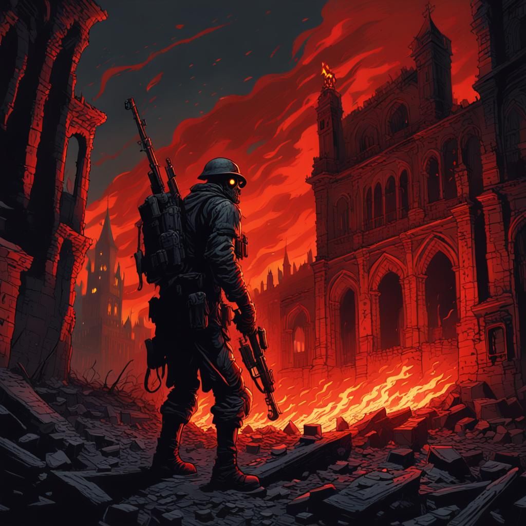 Zombie Soldier Engulfs Gothic City in Flames