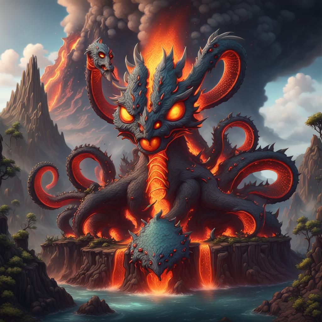 Chibi Volcano Hydra in Detailed Digital Painting