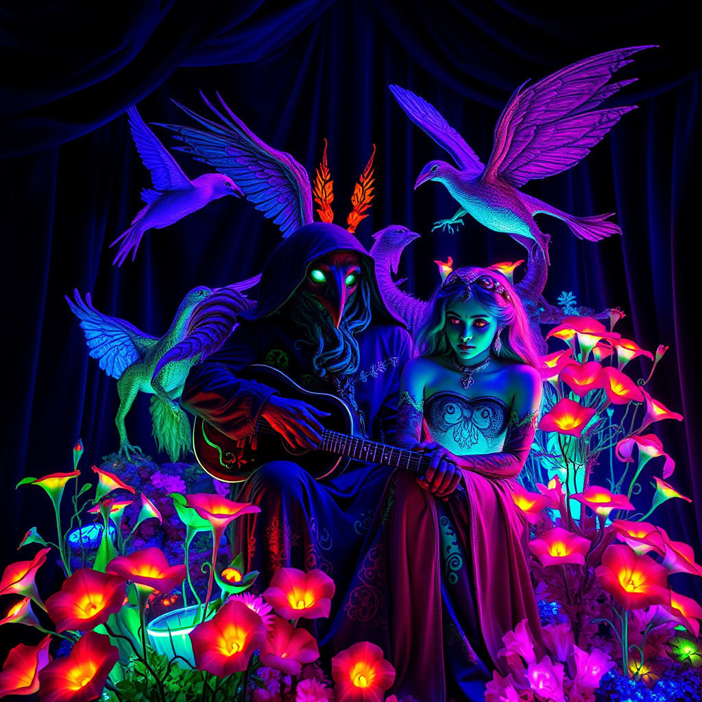 Blacklight Diorama with Mythical Creatures in a Velvet Room