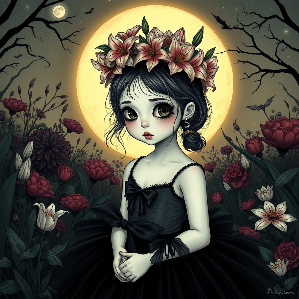 Mystical Lily Flower Girl in Victorian Gothic Style