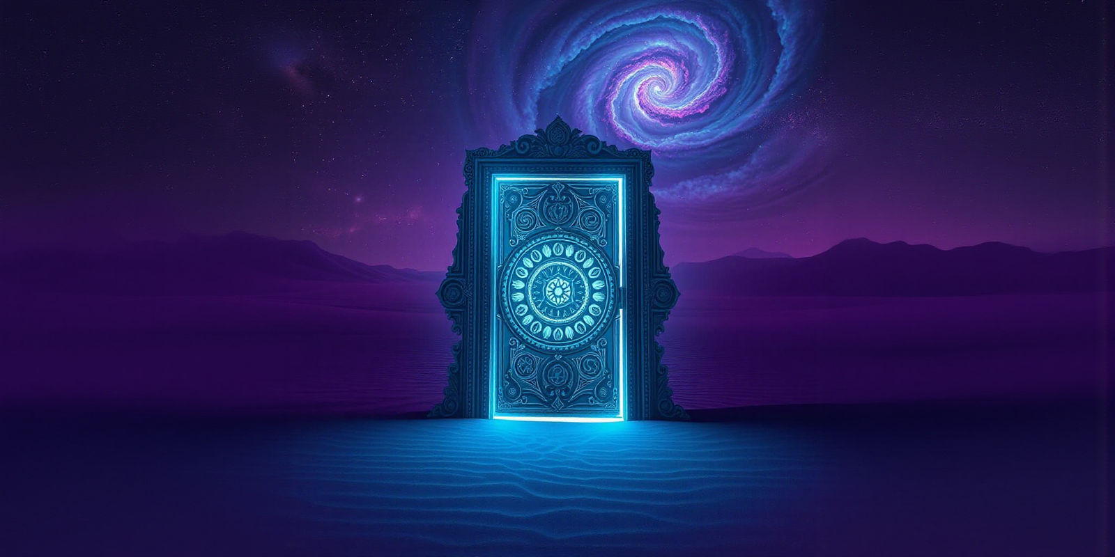 Pulsating Door in Purple Desert, Hyperrealistic Cosmic Art