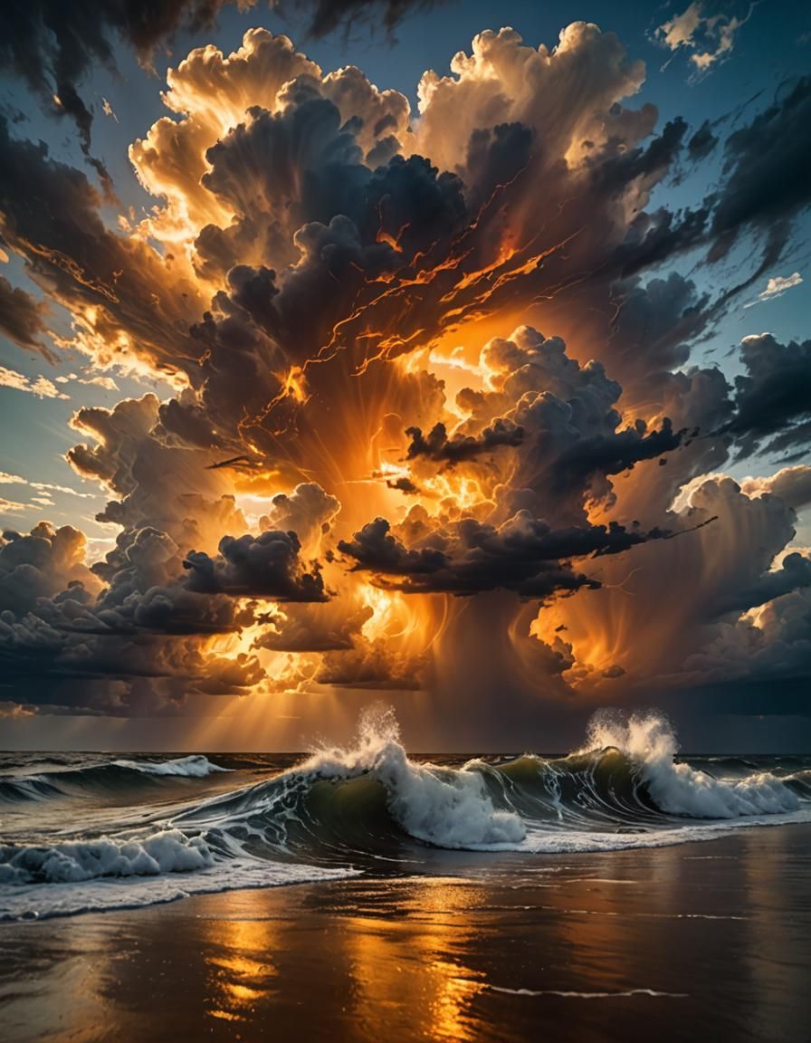 Dramatic Seascape with Billowing Clouds in Golden Hour