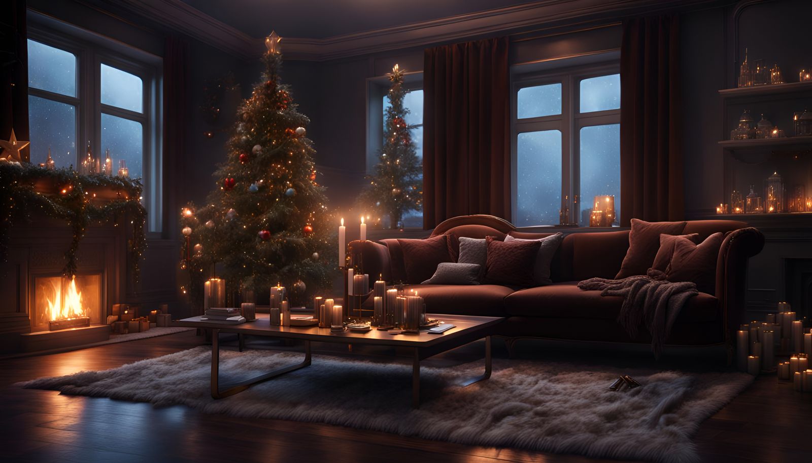 Hyper Realistic Dark Brown Living Room With Fancy Velvet Fur...