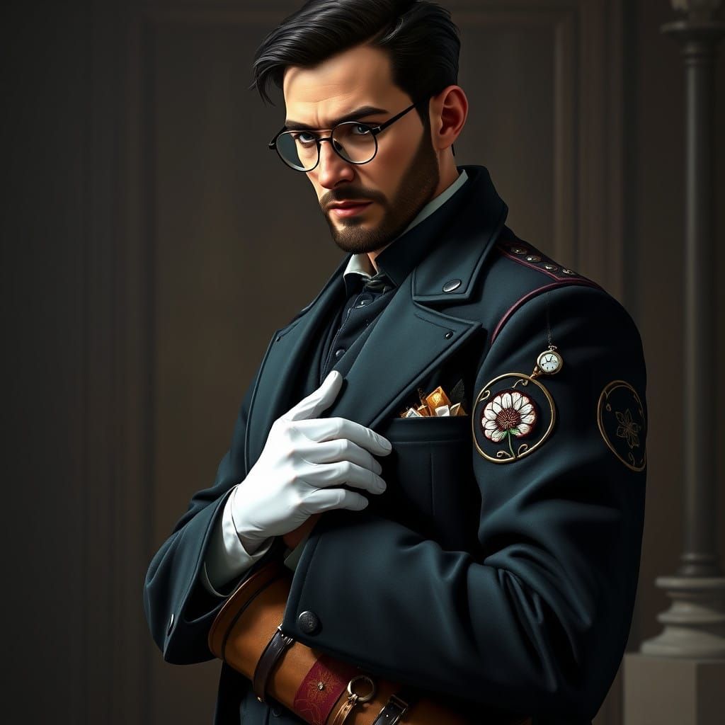 Stoic Officer in Dark Green Vest with Embroidered Blackberry...