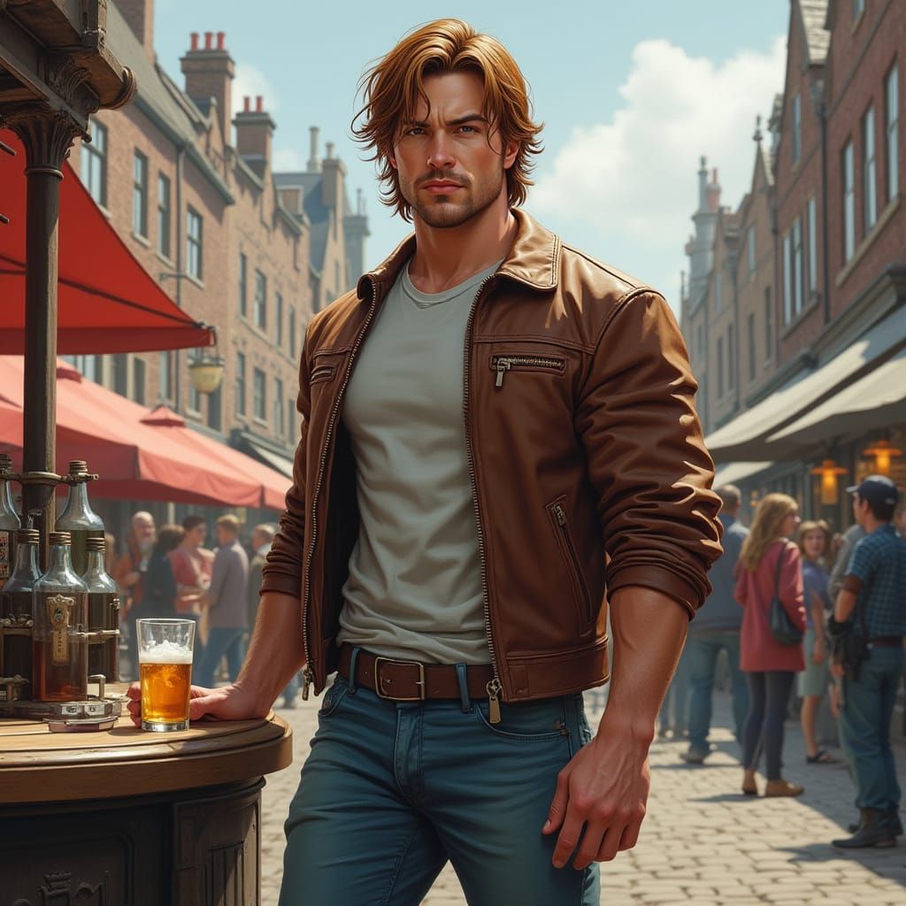 Hyperrealistic Man in Leather Jacket at Market Square