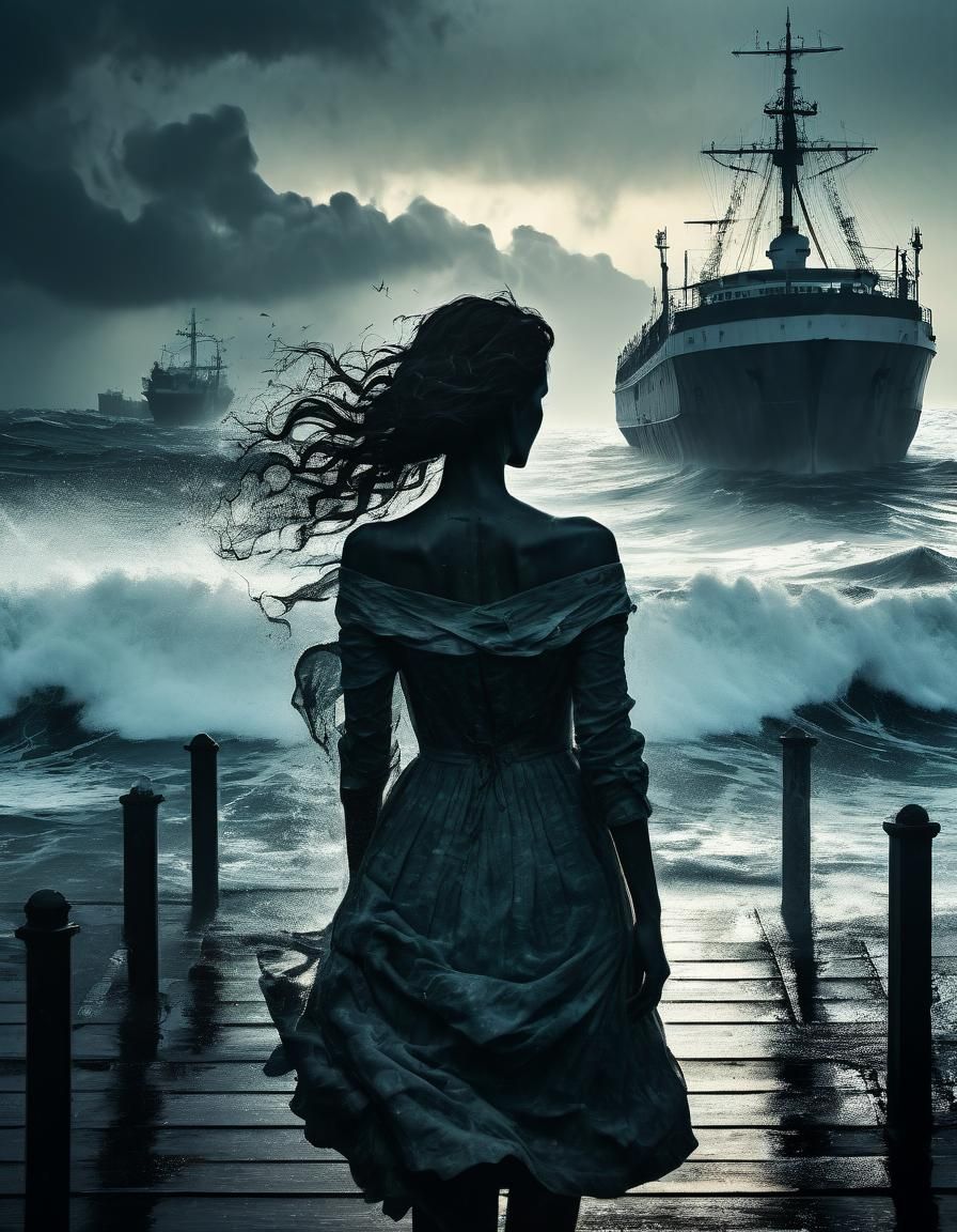 Dramatic Double Exposure: Woman and Stormy Sea
