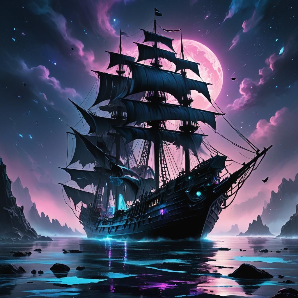 Obsidian Ghost Ship on Misty Ocean, Fantasy Art