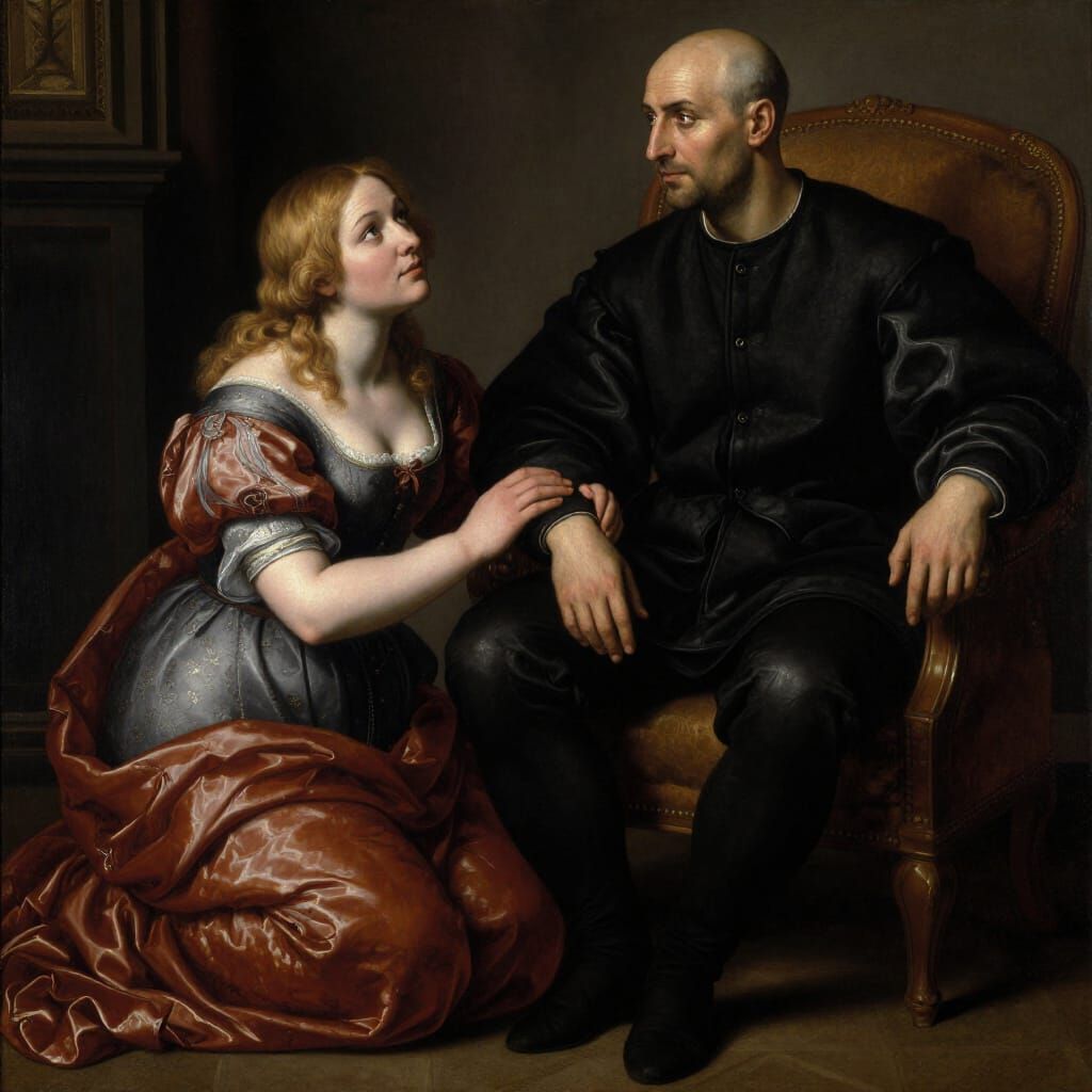 Renaissance Scene: Woman Kneels Before Man in Armchair