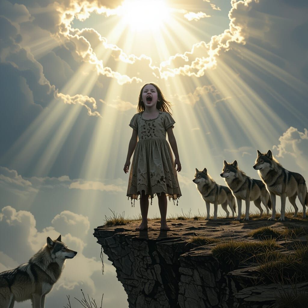 Wendigo Girl Howls at Moon in Apocalyptic Landscape