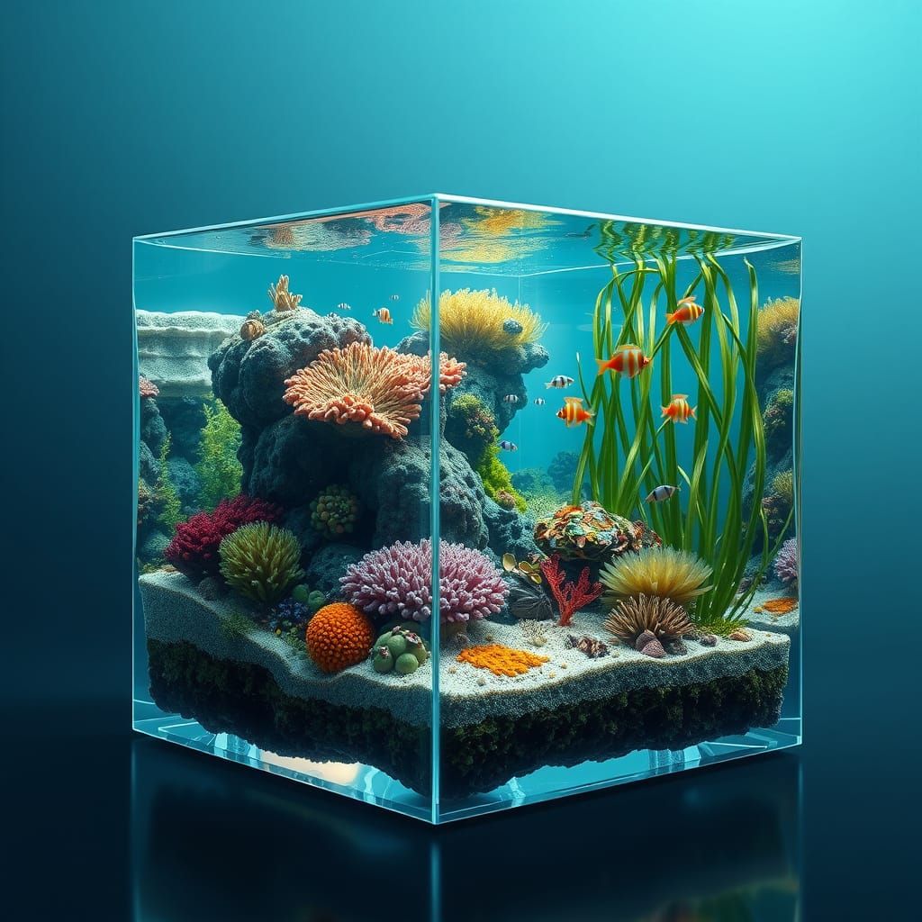 Ocean Ecosystem Inside Glass Cube, Digital Art