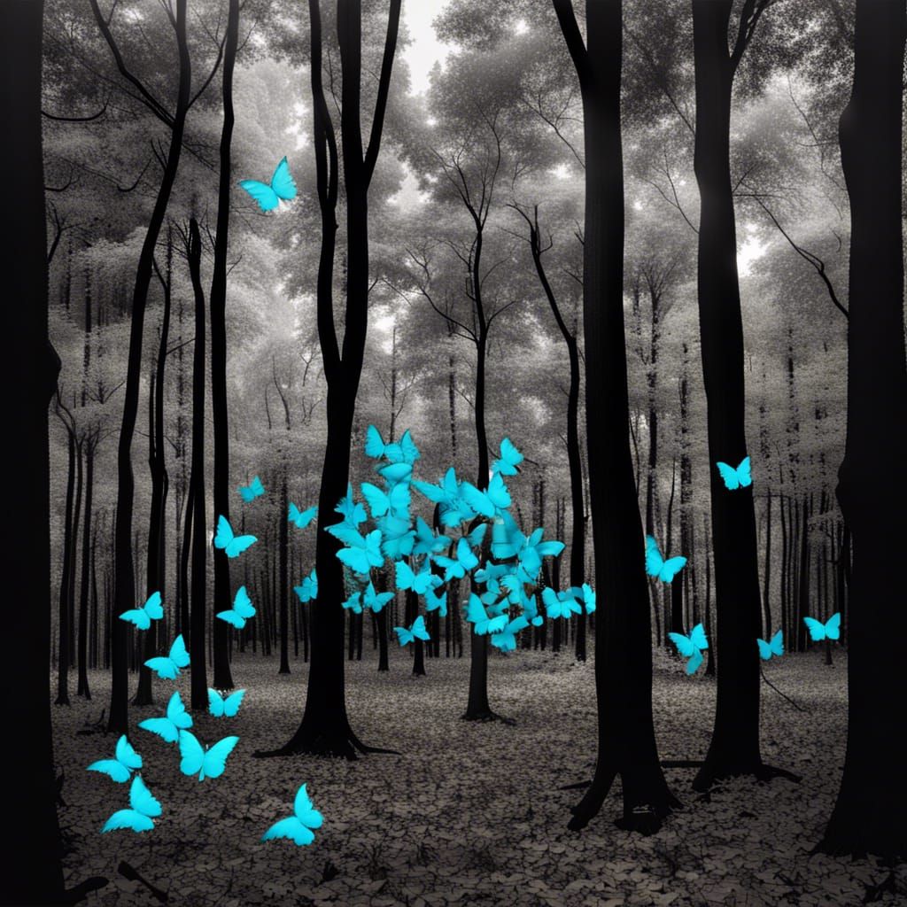 Monochrome Forest with Neon Butterflies in HDR