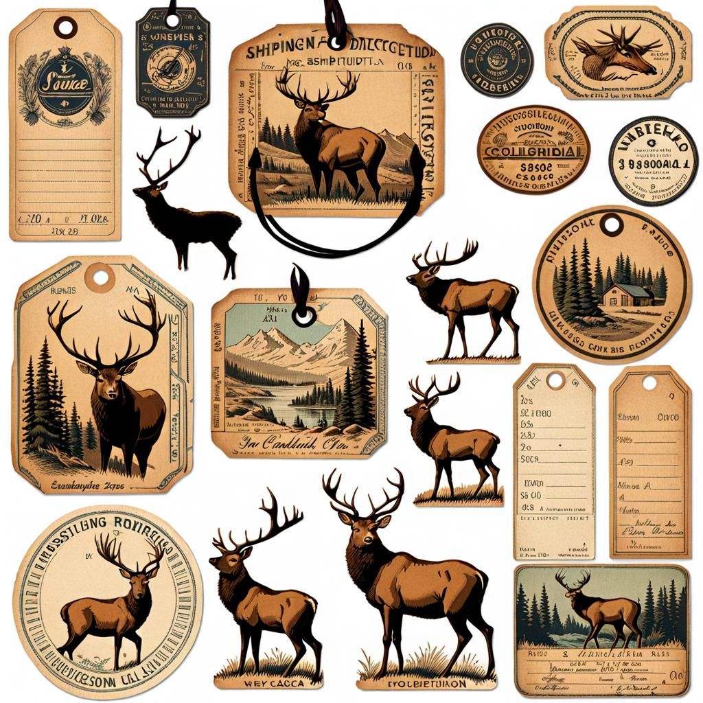 Vintage Shipping Tags with Elk Sketch