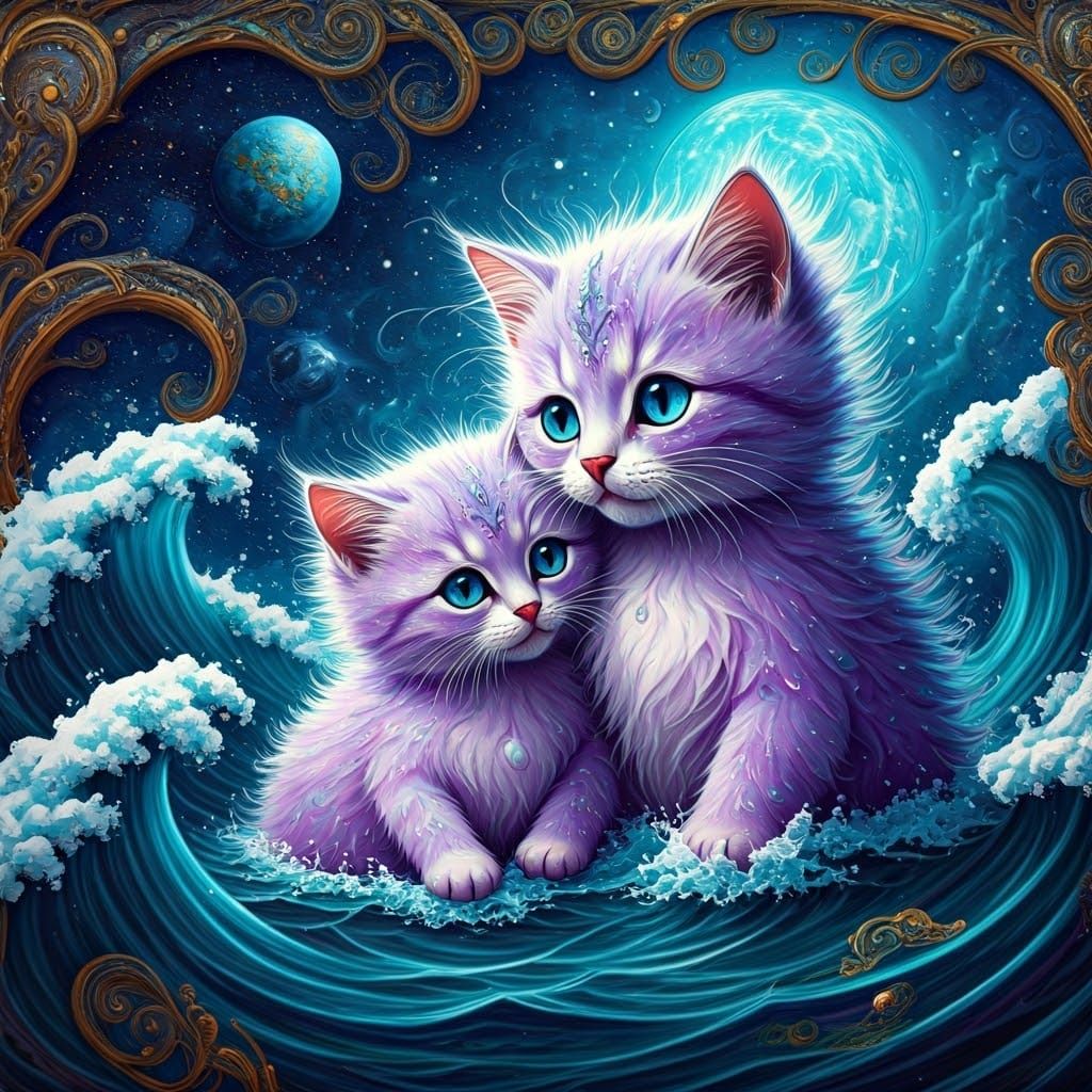 Whimsical Fantasy Kittens Amidst Swirling Ocean Waves