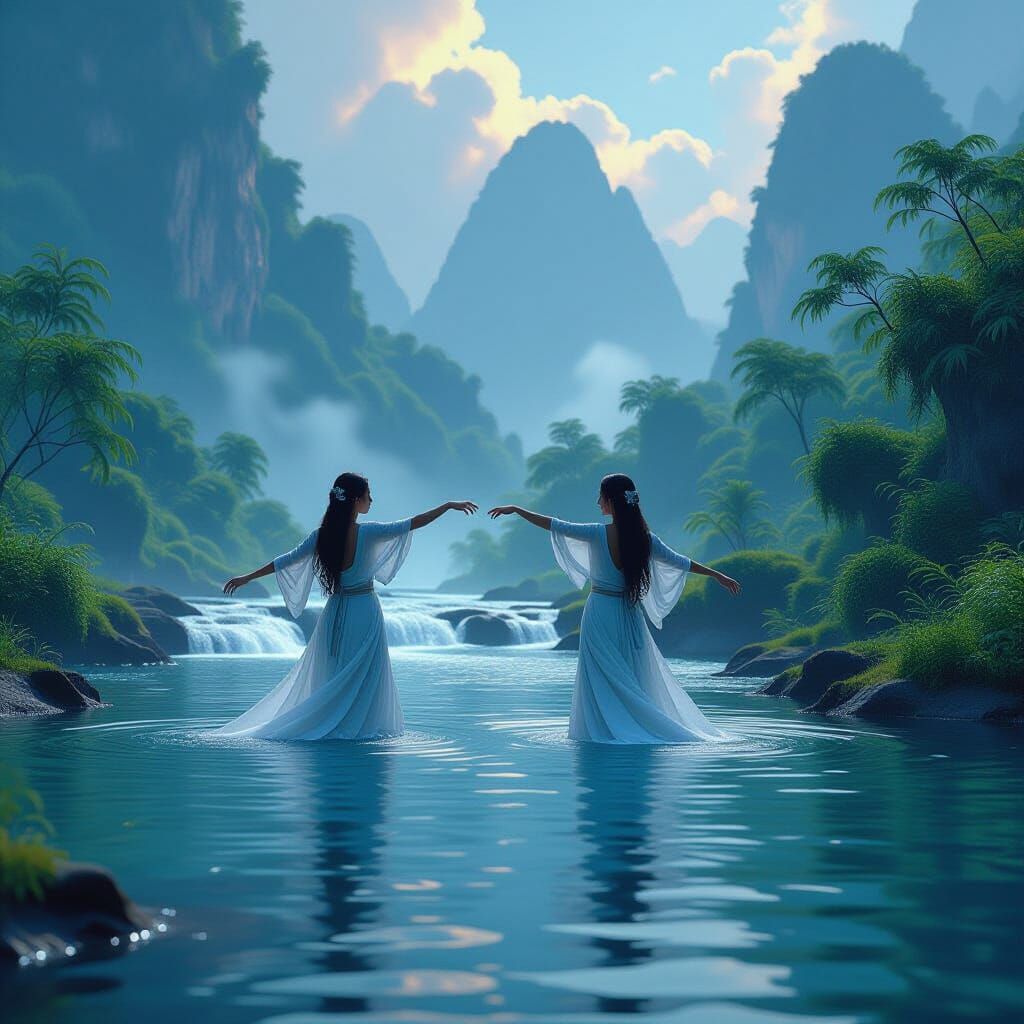 An image of two figures made of water, with a dynamic and fl...