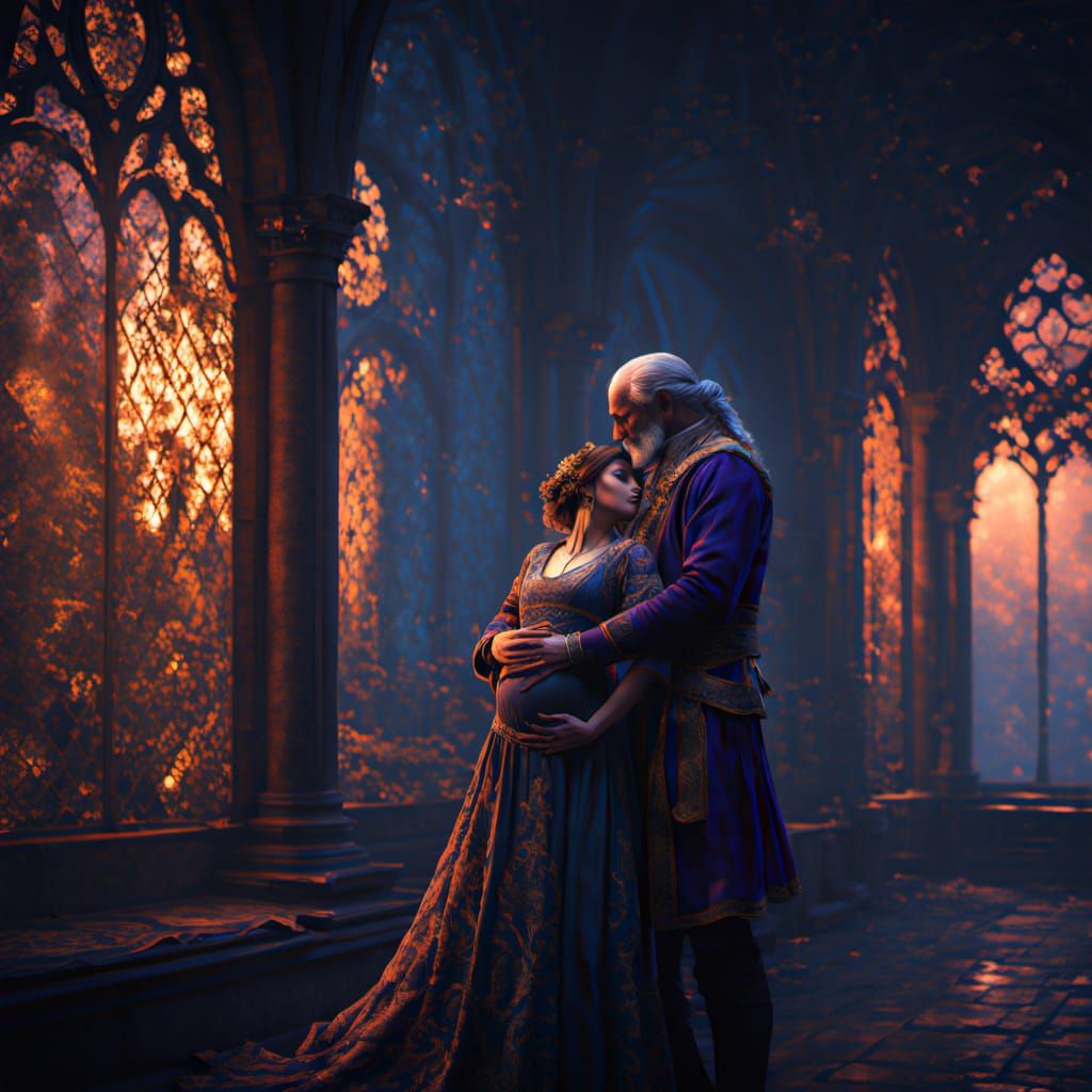 Elegant King Watches Over Pregnant Goddesses in Mystical Sce...