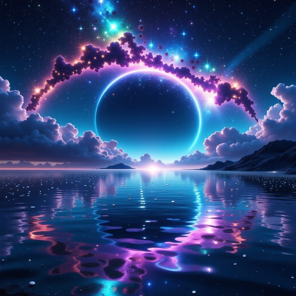 Bioluminescent Nightscape: Moon, Stars, and Ocean