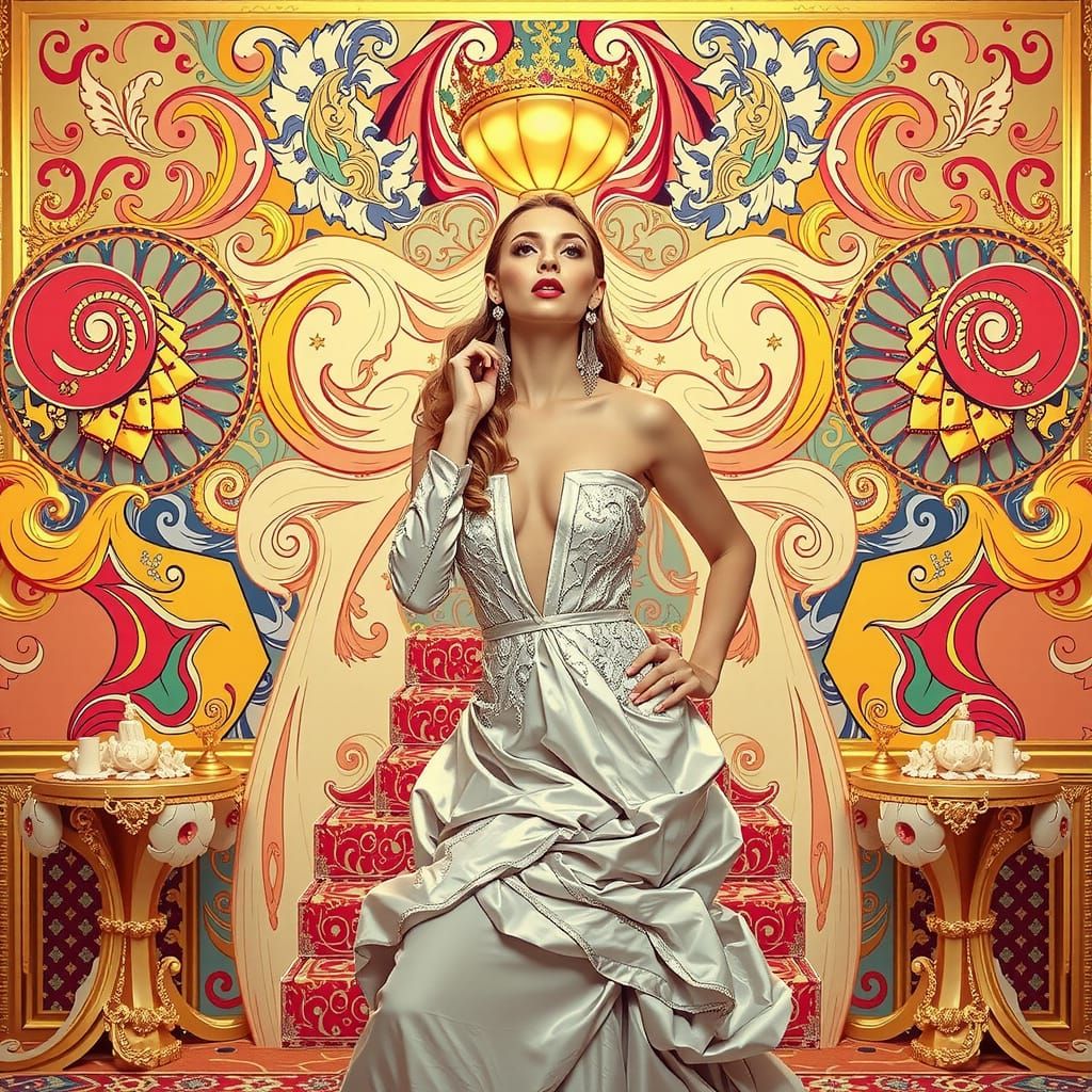 Elegant Woman in Luxurious Surreal Psychedelic Environment