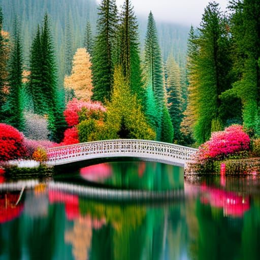 Enchanted Rose Bridge Reflecting in Emerald Lake